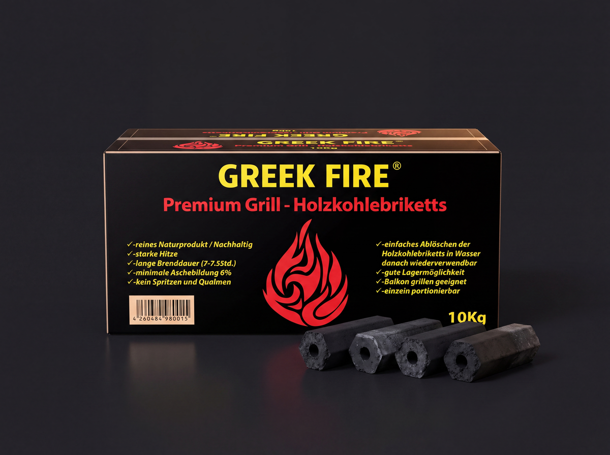 GREEK FIRE Premium Grill Holzkohlebriketts 10 kg